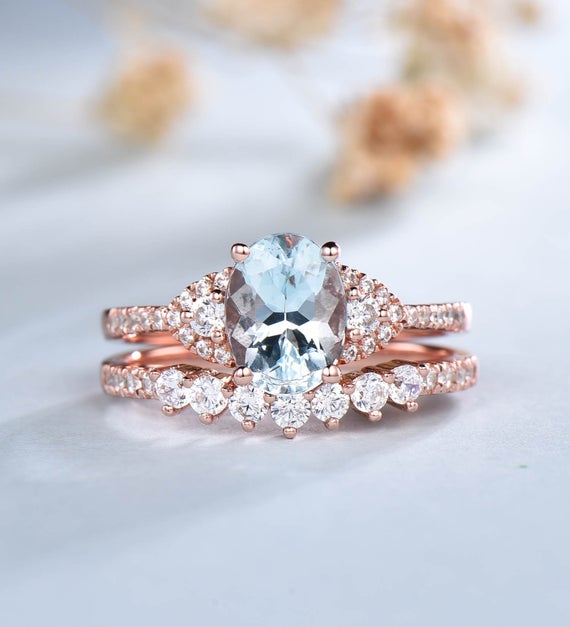 Natural Aquamarine Ring, Oval Aquamarine Engagement Ring, Aquamarine Wedding Ring Set, Rose Gold Rings, Dainty Stacking Ring, Bridal Set