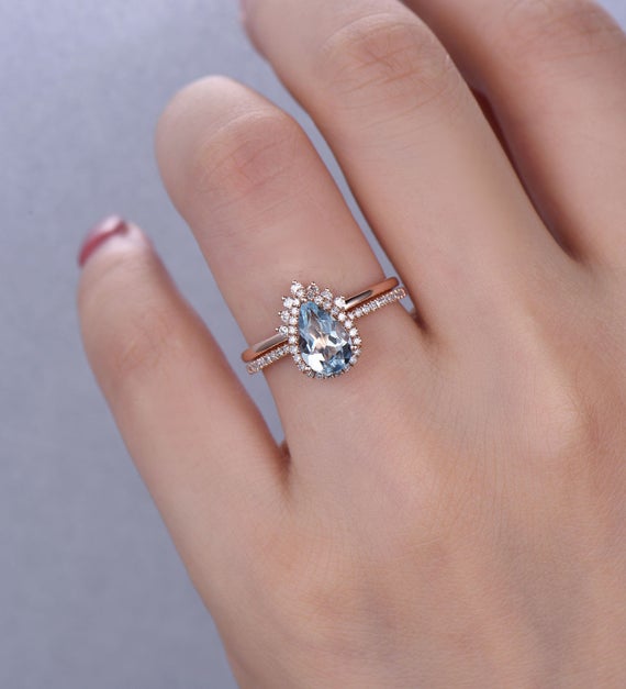 Aquamarine Ring, Pear Aquamarine Engagement Ring, Dainty Stacking Ring, Halo Ring, 14k Rose Gold Rings, March Birthstone, Bridal Set