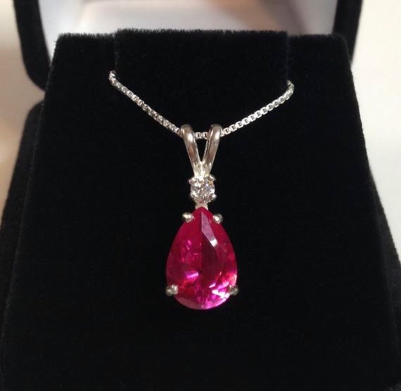 Beautiful 2.5ct Pink Sapphire Necklace White Sapphire Accent Pendant 16” 18” Sterling Silver Bridal Jewelry Gift Mother Wife Fiancé Teardrop