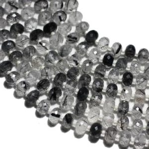 Shop Rutilated Quartz Rondelle Beads! Beautifull cut AAA GradeBLACK RUTILATED Quartz  Faceted rondelle beads,Size 6.5-7.5mm, 6 inches Strand Length,Super Quality gems | Natural genuine rondelle Rutilated Quartz beads for beading and jewelry making.  #jewelry #beads #beadedjewelry #diyjewelry #jewelrymaking #beadstore #beading #affiliate #ad