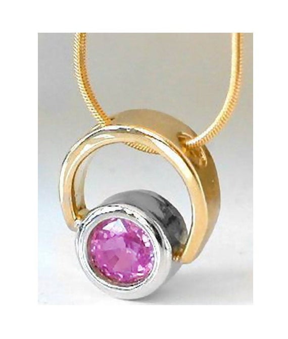 Bezel Set Genuine Round Pink Sapphire Pendant Solid 14k White Gold & Yellow Gold, Gold Chain Included, Real Sapphire Necklace, Gift For Her