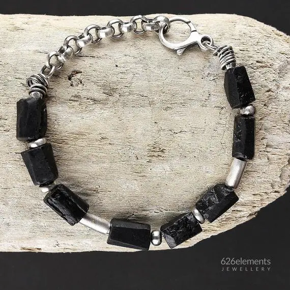 Black Tourmaline Bracelet | Oxidized Sterling Silver And Raw Stone Bracelet | Black And Silver Jewellery
