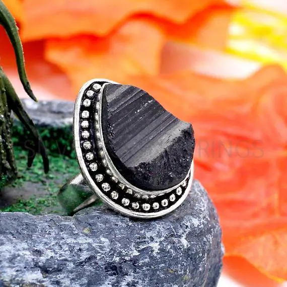 Black Tourmaline Ring - Raw Tourmaline 20x15mm Pear Gemstone Sterling Silver Oxidized Ring - 925 Ring - October Birthstone Ring - Boho Rings