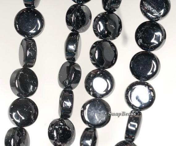 9mm Black Tourmaline Gemstone Flat Round Loose Beads 7.5 Inch Half Strand (90191260-b23-542)