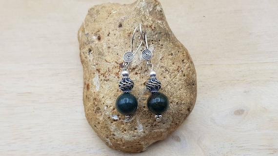 Green Bloodstone Earrings. Bali Silver Bead Dangle Earrings. March Birthstone. Reiki Jewelry Uk.