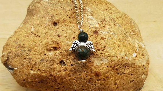 Small Bloodstone Angel Pendant. Green March Birthstone. Reiki Jewelry Uk. Minimalist Silver Plated Jewellery. Gift For Daughter, Niece, Mom