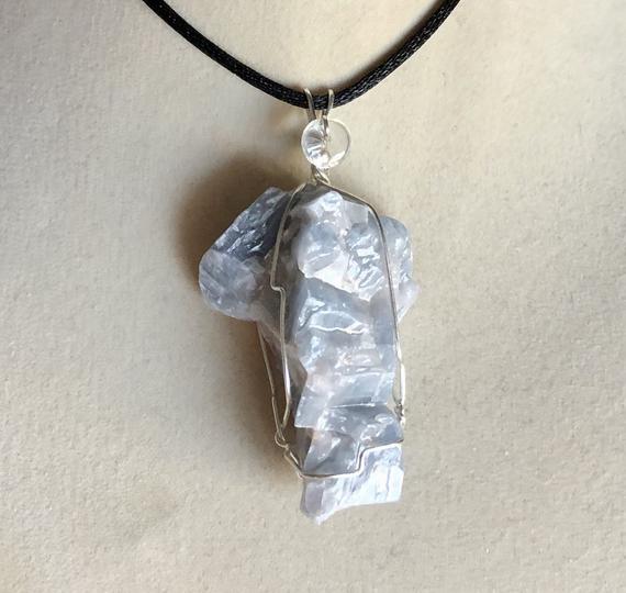 Blue Calcite Pendant Wire Wrapped Necklace Jewelry