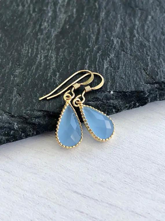 Blue Chalcedony Earrings, Cobalt Blue Teardrop Earrings, Dainty Dangle Drops, Tiny Everyday Silver Earrings, Something Blue, Gift Under 30