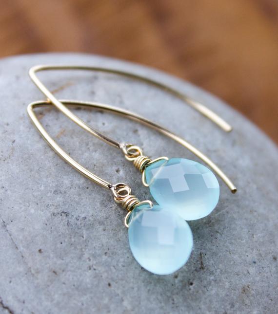 Gold Aqua Blue Chalcedony Gemstone Earrings - Gold Filled