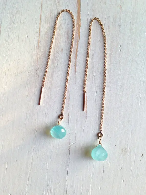 Tiny Blue Chalcedony Tear Drop Chain Earrings