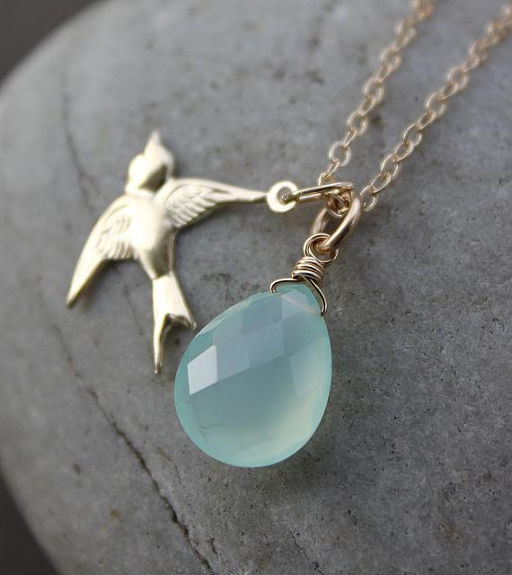 Aqua Blue Chalcedony And Sparrow Charm Necklace - 14kt Gold Fill
