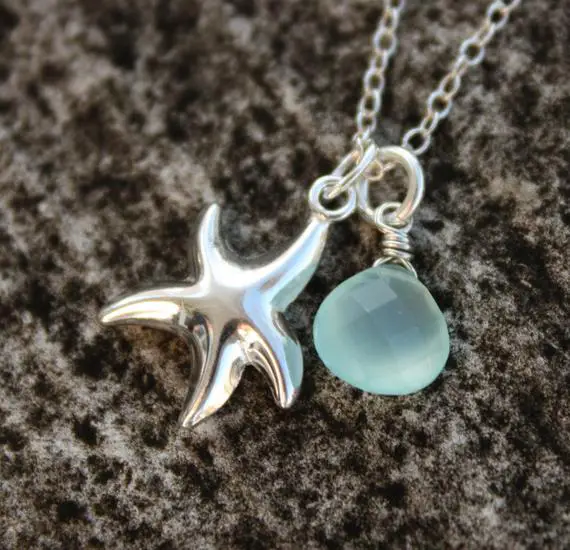 Silver Starfish Charm Necklace, Aqua Blue Chalcedony Teardrop, Sterling Silver