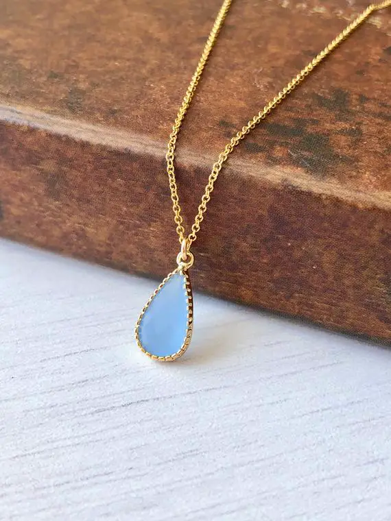 Blue Chalcedony Necklace, Cobalt Teardrop Pendant, Minimalist Blue Gold Drop Necklace, Dainty Layering Jewelry, Delicate Necklace For Women