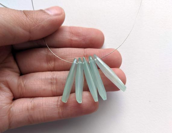 6x25mm Aqua Chalcedony Fancy Sticks , 4 Pcs Aqua Blue Chalcedony Fancy Drilled, Loose Aqua Chalcedony Gems - Pnt42