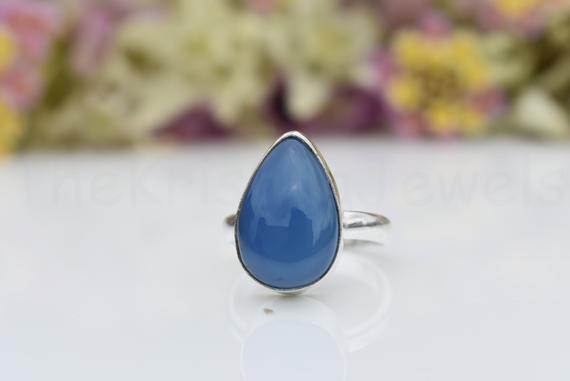 Blue Chalcedony Ring, Sterling Silver Ring, Pear Stone Ring, Statement Ring, Cabochon Gemstone, Simple Band Ring, Natural Gemstone, Sale