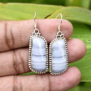 Shop Blue Lace Agate Earrings! Natural Blue Lace Agate Earring, 925 Sterling Silver Earring,Blue Lace 11x24mm Fancy Earring, Silver Earring, Gift For Her,Gemstone Earring | Natural genuine Blue Lace Agate earrings. Buy crystal jewelry, handmade handcrafted artisan jewelry for women.  Unique handmade gift ideas. #jewelry #beadedearrings #beadedjewelry #gift #shopping #handmadejewelry #fashion #style #product #earrings #affiliate #ad