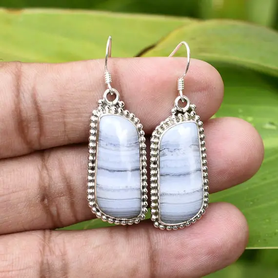 Natural Blue Lace Agate Earring, 925 Sterling Silver Earring,blue Lace 11x24mm Fancy Earring, Silver Earring, Gift For Her,gemstone Earring