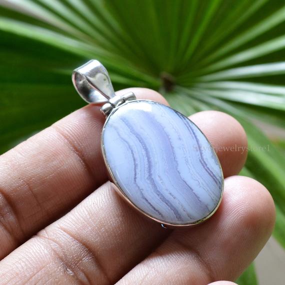 Natural Blue Lace Agate Pendant, 925 Sterling Silver Pendant, 22x30mm Oval Gemstone Pendant, Silver Pendant, Blue Lace Gemstone Pendant