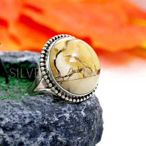 Brecciated Mookaite Jasper - Mookaite 18mm Round Cabochon Gemstone Sterling Silver Split Band Ring - Christmas Sale - Silver Designer Ring
