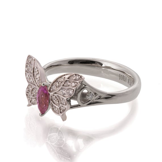 Butterfly Engagement Ring - 18k White Gold And Pink Sapphire Engagement Ring, Marquise, Unique Engagement Ring, Pink Sapphire Ring, Art Deco