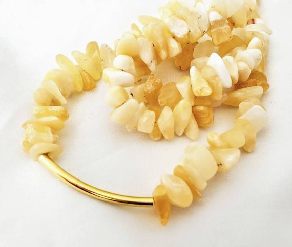 Alabaster Calcite & Curved Gold Bar/tube Choker Collar Necklace. Luminous Yellow Gemstone Minimalist Jewelry.  Video Conferencing Length.