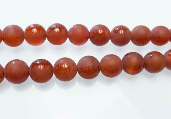 Matte And Shiny Carnelian Beads - Fossil Fish Skeleton Pattern Beads - Red Matte Gemstone Beads - Jewelry Beads And Stones -15inch