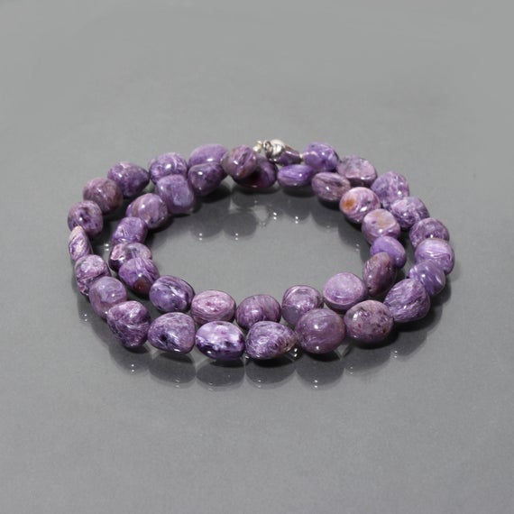 Charoite Smooth Nuggets Beaded Necklace, 10x11-14x11mm Charoite Tumble Bead Necklace, Russian Charoite Beaded Necklace With Magnetic Clasp