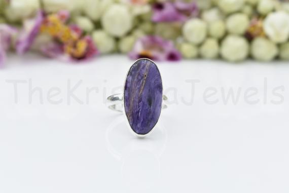 Purple Charoite Ring, Sterling Silver Ring, Long Oval Shape Ring, Simple Band Ring, Cabochon Gemstone, Statement Ring, Dainty Ring, Boho