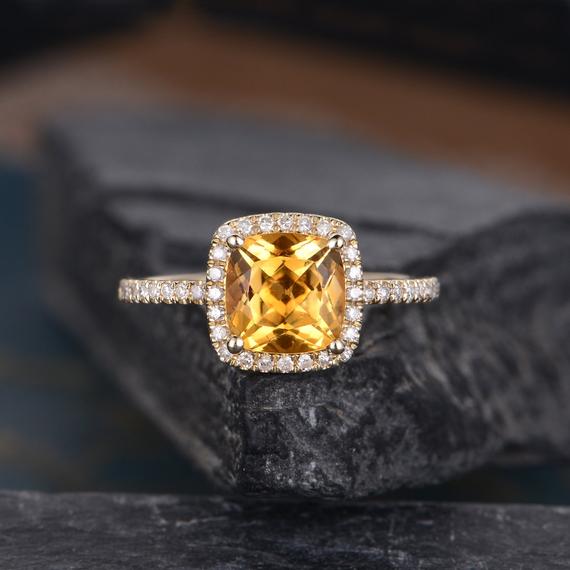 Citrine Engagement Ring Yellow Gold Cushion Cut Women Diamond Birthstone Halo Half Eternity Anniversary Gift Ring Promise Wedding Bridal