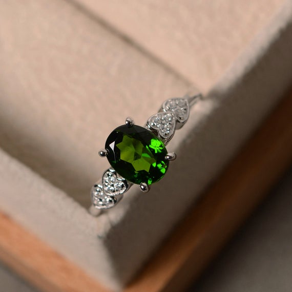 Chrome Diopside Ring, Oval Cut, Silver, Promise, Engagement Ring