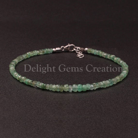 Emerald Beaded Bracelet, 3-3.5mm Emerald Faceted Rondelle Beads Bracelet, 18 Cts./ Delicate Natural Green Emerald Gemstone Bracelet Jewelry