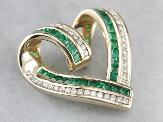 Diamond And Emerald Pendant, Gold Heart Pendant, Anniversary Gift, Statement Pendant Pj912j4j