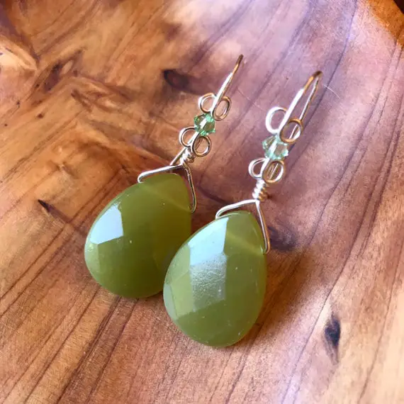 Green Earrings Teardrop Glass Earrings, Green Drop Earrings, Green Swarovski, Statement Earrings, Gift For Her, Silver Scroll Ear Wires