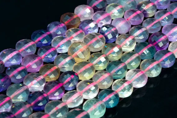Genuine Natural Multicolor Fluorite Loose Beads Grade Aaa Faceted Flat Round Button Shape 10x7mm