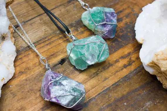 Green Fluorite Necklace Fluorite Pendant Natural Crystal Healing Silver Wrapped Unusual Zodiac Birthday Gift May Taurus Gemini