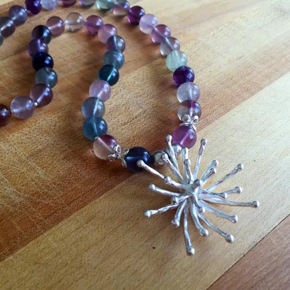 Fluorite Necklace - Flower Pendant - Purple Green Gemstone Jewellery - Multicolor - Sterling Silver - Chunky Jewelry - Mod Flower