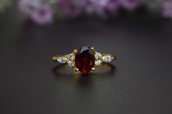 Garnet Engagement Ring, Oval Cut Natural Red Garnet Ring, January Birthstone Ring, Boho Garnet Wedding Ring, Marquise Ring, 14k Gold Ring
