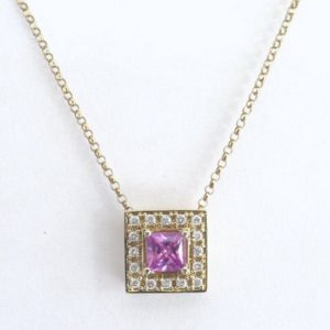 Shop Pink Sapphire Pendants! Genuine 0.49 carat Princess Pink Sapphire Necklace with 0.14 ctw Diamond Halo in Solid 14k Yellow Gold, Sapphire Necklace, Chain included | Natural genuine Pink Sapphire pendants. Buy crystal jewelry, handmade handcrafted artisan jewelry for women.  Unique handmade gift ideas. #jewelry #beadedpendants #beadedjewelry #gift #shopping #handmadejewelry #fashion #style #product #pendants #affiliate #ad