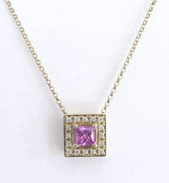 Genuine 0.49 Carat Princess Pink Sapphire Necklace With 0.14 Ctw Diamond Halo In Solid 14k Yellow Gold, Sapphire Necklace, Chain Included