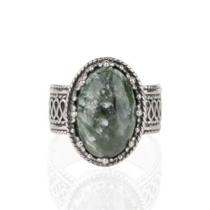Shop Serpentine Rings! Seraphinite Silver Ring, 925 Sterling Silver Genuine Natural Green Serpentine Handmade Artisan Oval Ring Size 4 1/2-12 Jewelry Gifts Boxed | Natural genuine Serpentine rings, simple unique handcrafted gemstone rings. #rings #jewelry #shopping #gift #handmade #fashion #style #affiliate #ad