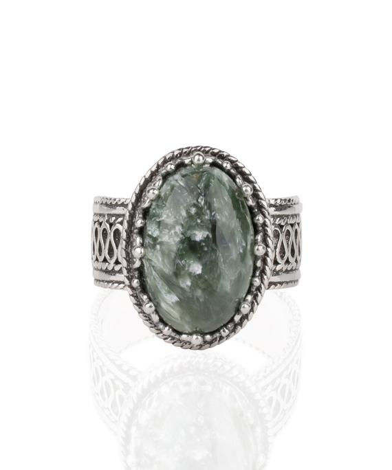 Seraphinite Silver Ring, 925 Sterling Silver Genuine Natural Green Serpentine Handmade Artisan Oval Ring Size 4 1/2-12 Jewelry Gifts Boxed