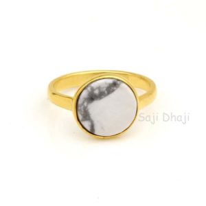 Shop Howlite Rings! White Howlite Round Shape Flat Stone Ring, 925 Sterling Silver Gold Plated Rings, 10mm Gemstone Ring, Rings For Memorable Day Gifted | Natural genuine Howlite rings, simple unique handcrafted gemstone rings. #rings #jewelry #shopping #gift #handmade #fashion #style #affiliate #ad