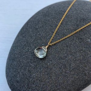 Green Amethyst Necklace, Mint Green Teardrop Pendant, Minimalist Jewelry, Gold Prasiolite Necklace, Layering Necklace, Minimal Gift for her | Natural genuine Green Amethyst necklaces. Buy crystal jewelry, handmade handcrafted artisan jewelry for women.  Unique handmade gift ideas. #jewelry #beadednecklaces #beadedjewelry #gift #shopping #handmadejewelry #fashion #style #product #necklaces #affiliate #ad