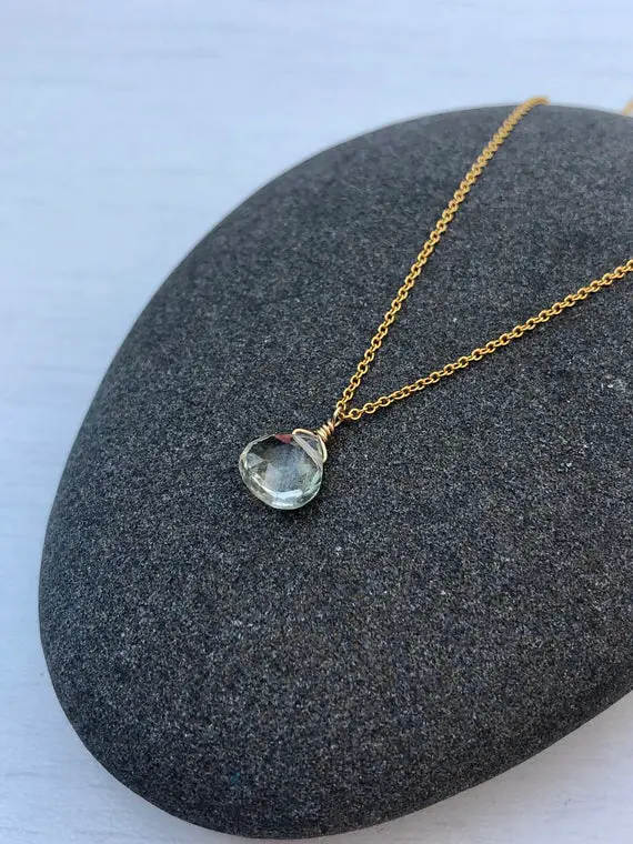 Green Amethyst Necklace, Mint Green Teardrop Pendant, Minimalist Jewelry, Gold Prasiolite Necklace, Layering Necklace, Minimal Gift For Her