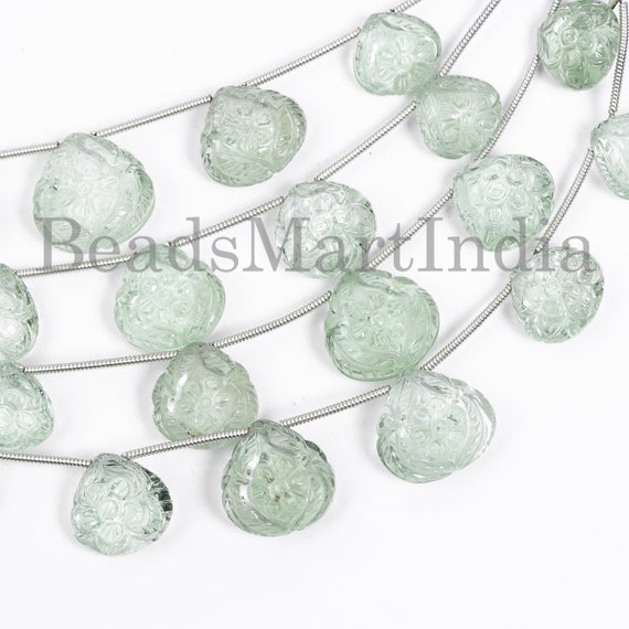 5 Pieces Green Amethyst Flower Carving Beads, Green Amethyst Heart Beads, Green Amethyst Heart Shape Flower Carving Beads, Amethyst Beads