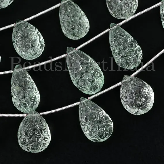 5 Pieces Green Amethyst Flower Carving Beads, Green Amethyst Pear Shape Beads, Green Amethyst Pear Shape Flower Carving Beads,amethyst Beads