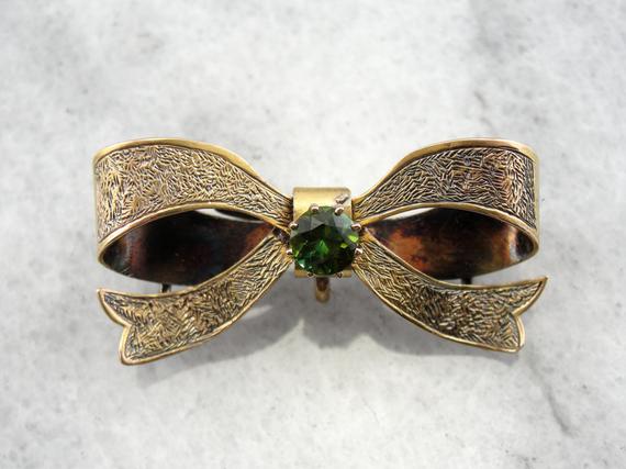 Stunning Art Nouveau Sweet Heart Bow Brooch With Green Tourmaline Hmfa8k-n