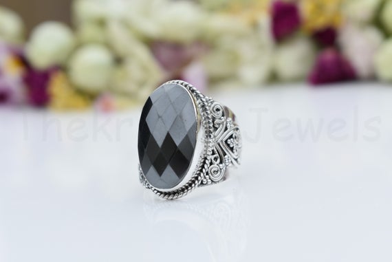 Hematite Stone Ring, Sterling Silver Ring, Long Oval Gemstone Ring, Statement Ring, Faceted Gemstone, Designer Band Ring, Gift Ring, Boho