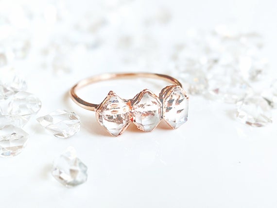 Herkimer Diamond Ring, Raw Diamond Engagement Ring, Multi-stone Ring, April Birthstone Ring, Solid Gold Diamond Ring, Unique Engagement Ring