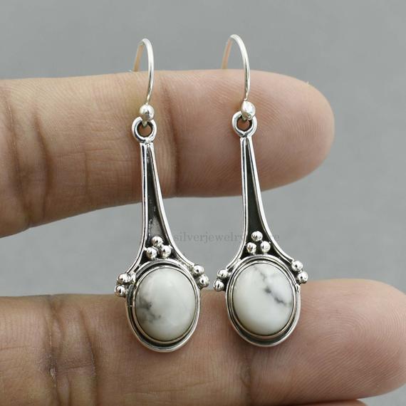 Howlite Earrings, 925 Sterling Silver, Oval Gemstone Earrings, Gemstone Earrings, Silver Earrings, Womens Earrings, Sterling Silver Earrings